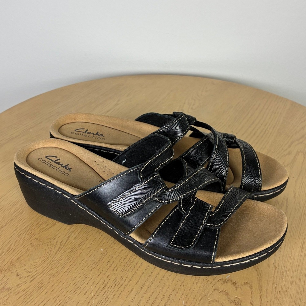 Clarks Textured Straps Wedge Slide Sandals Women's 10 Comfort Walking Summer